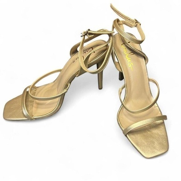 Lulus Gold Heels‎ Strappy Ankle Square Toe Stiletto Party Shoes - Picture 1 of 5
